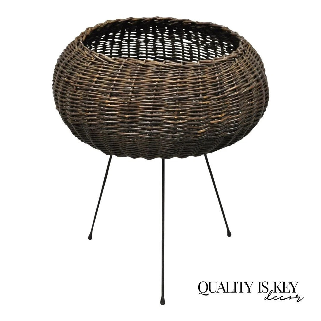 Mid Century Modern Arthur Umanoff Style Wicker Rattan Wrought Iron Planter Stand