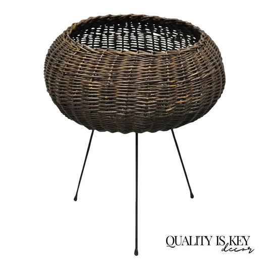 Mid Century Modern Arthur Umanoff Style Wicker Rattan Wrought Iron Planter Stand
