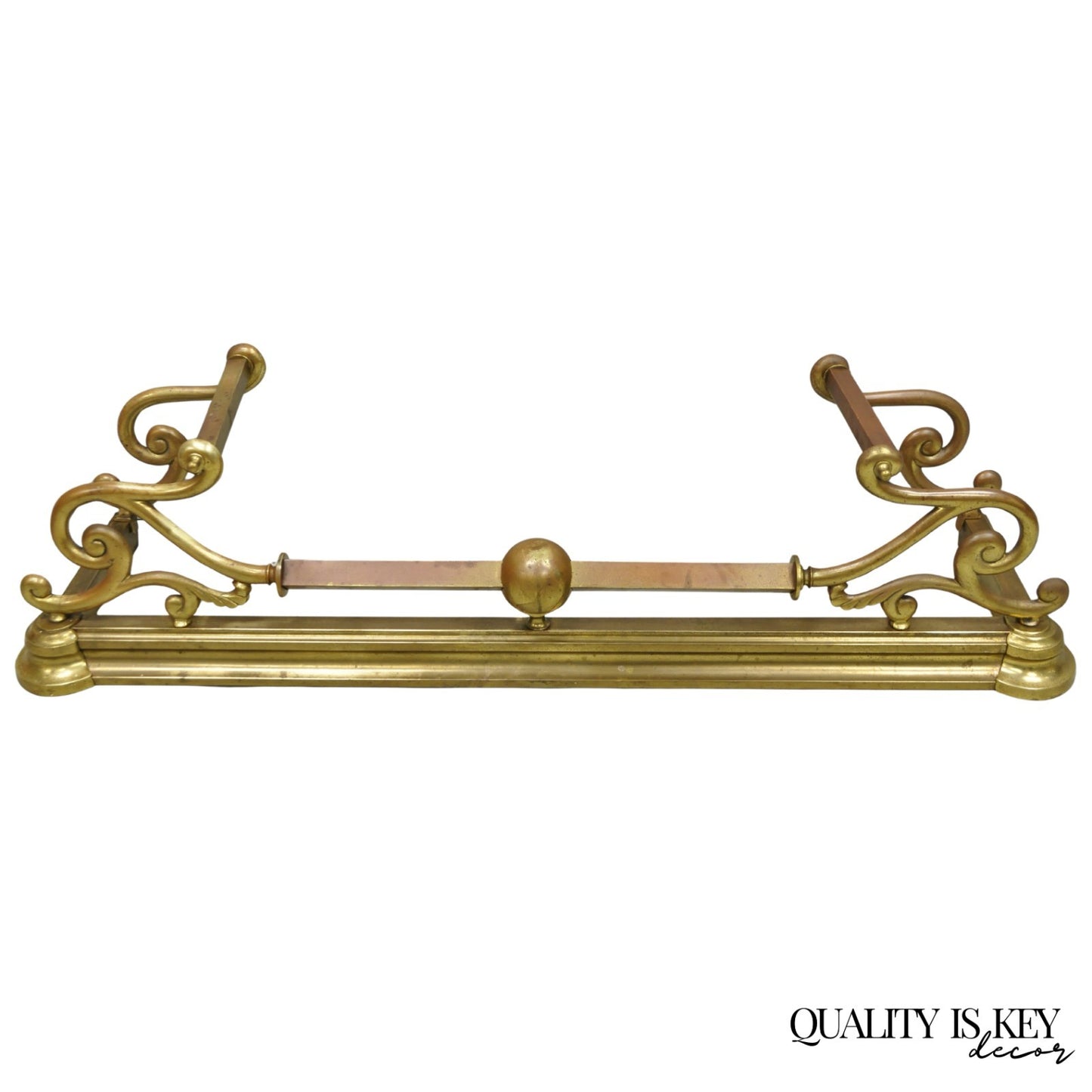 Antique Victorian Art Nouveau Patinated Brass Scrolling 51" Fireplace Fender