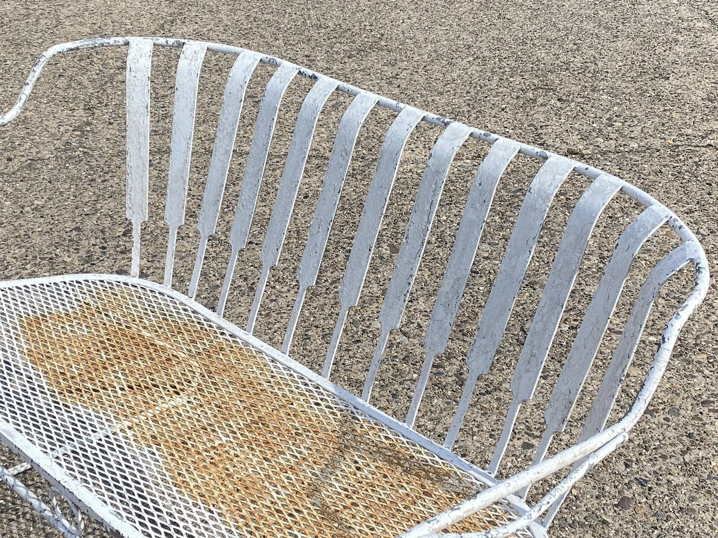 Vintage Mid Century Modern Wrought Iron Sculptural Garden Patio Loveseat Sofa