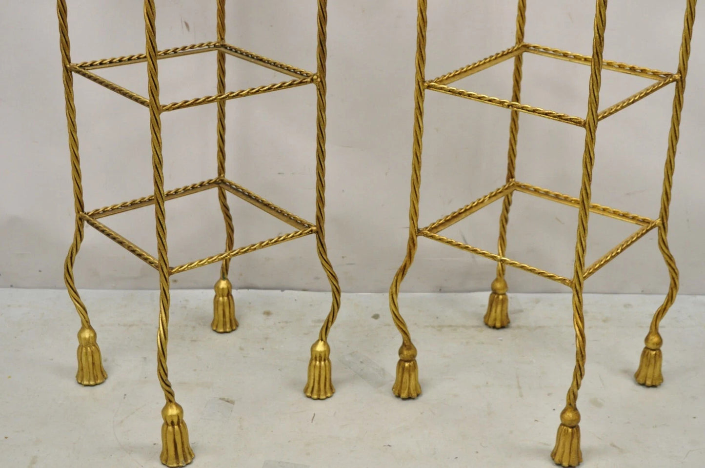 Italian Hollywood Regency Rope Tassel Gold 4 Tier Iron Etagere Shelf - a Pair