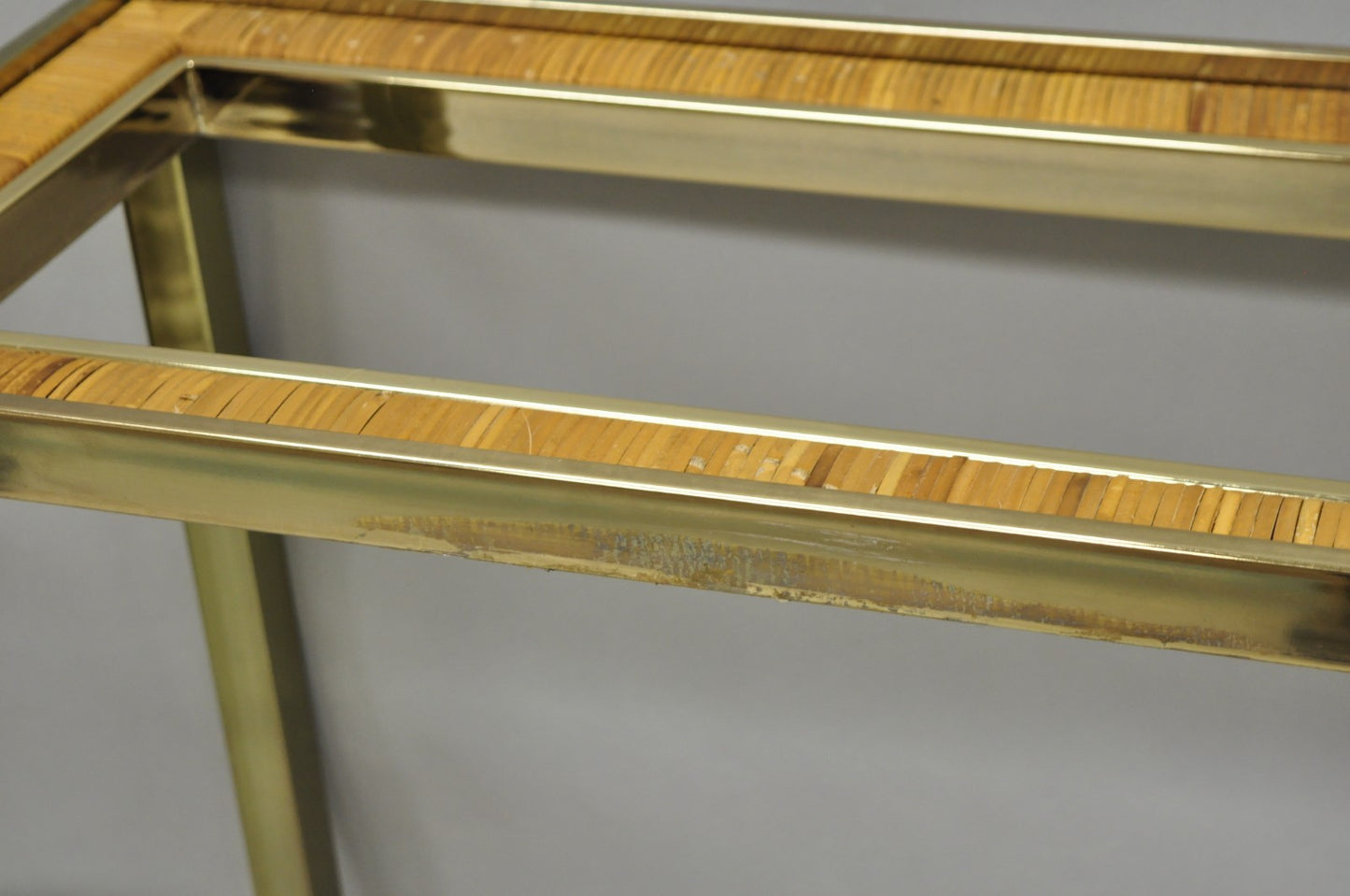 Vintage Mid Century Modern Brass Metal and Rattan Gold Console Hall Table