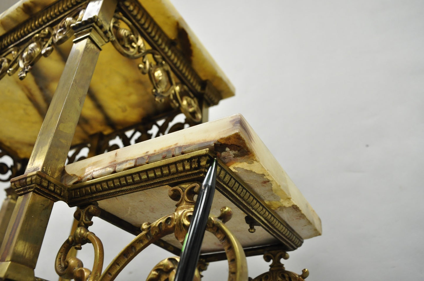 Antique Victorian Brass & Onyx Ornate Tiered Etagere Curio Display Stand Shelf