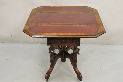 Antique Eastlake Victorian Leather Top Walnut Dropleaf Parlor Game Table