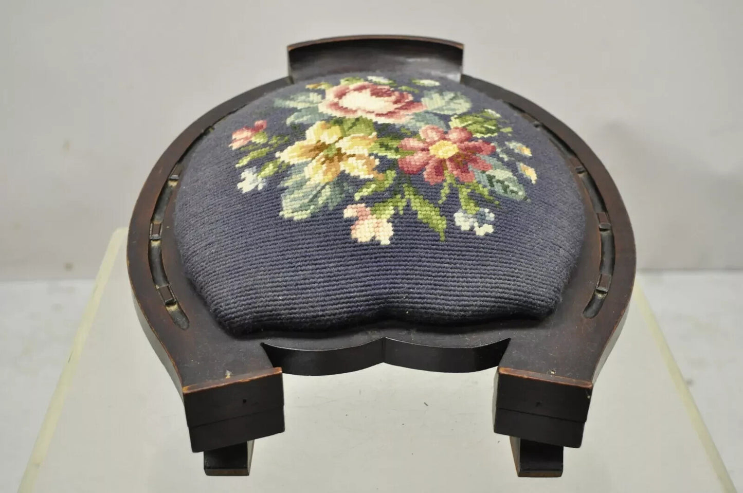 Antique Victorian Mahogany Horseshoe Needlepoint Gout Stool Footstool Ottoman