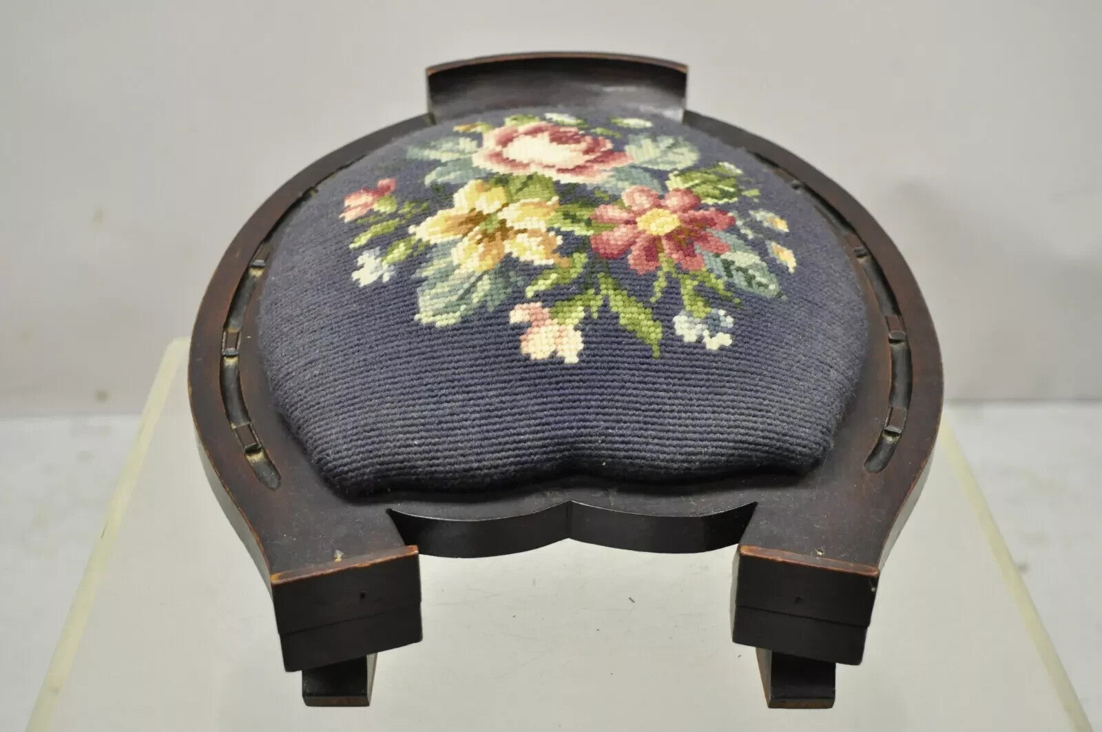 Antique Victorian Mahogany Horseshoe Needlepoint Gout Stool Footstool Ottoman