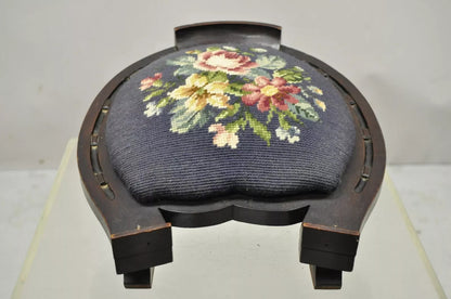 Antique Victorian Mahogany Horseshoe Needlepoint Gout Stool Footstool Ottoman