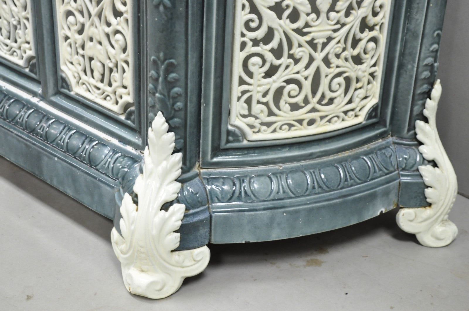 Antique French Victorian Blue White Porcelain Enamel Cast Iron Radiator Cover