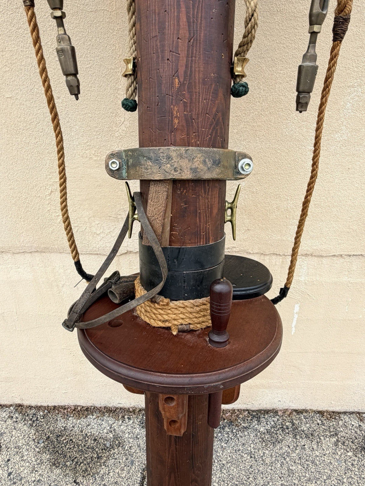 Vintage Custom Nautical Wood 95" Ship Mast Mancave Bar Island w Pulley & Ropes
