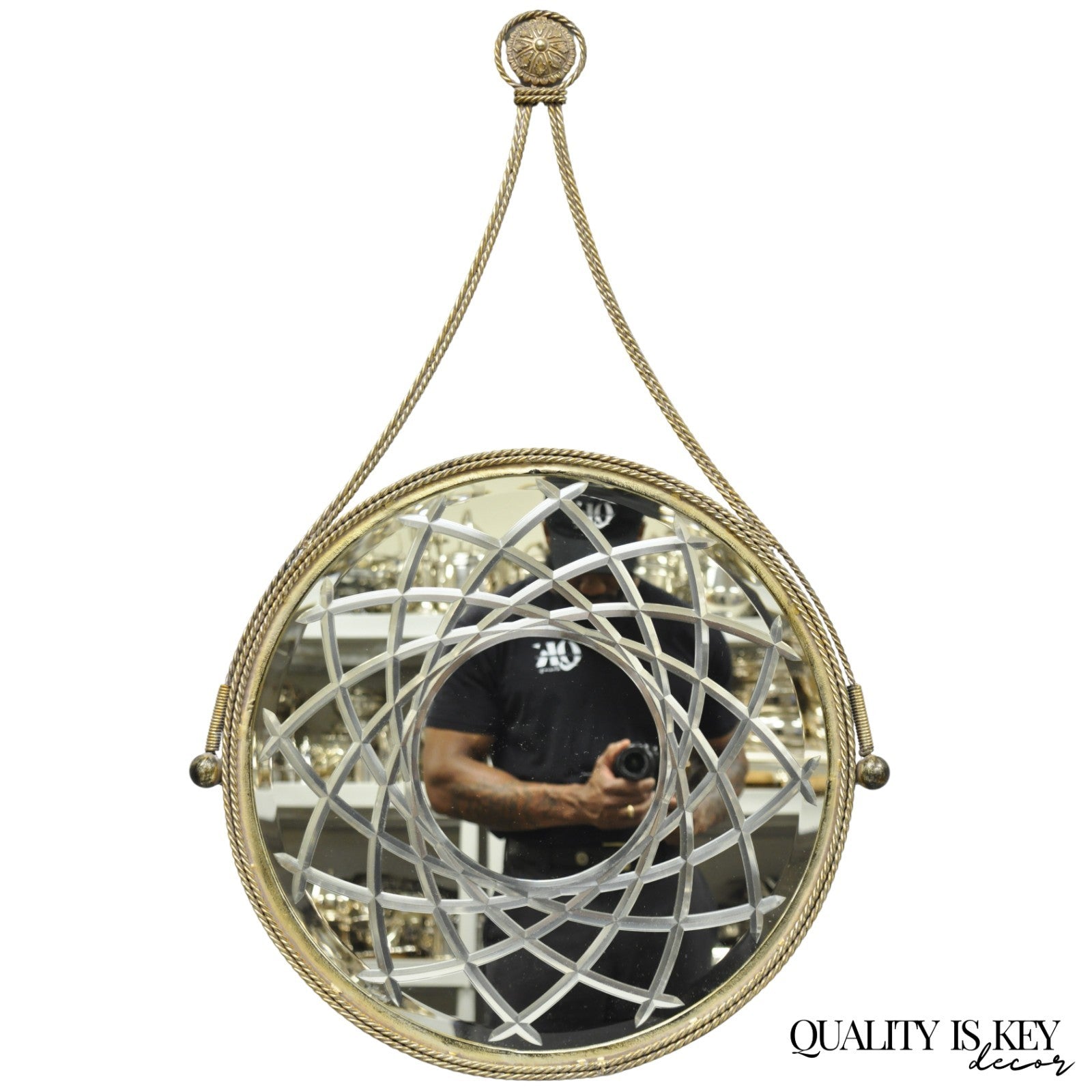 Contemporary Modern Hollywood Regency Round Etched Glass Hanging Wall Mirror