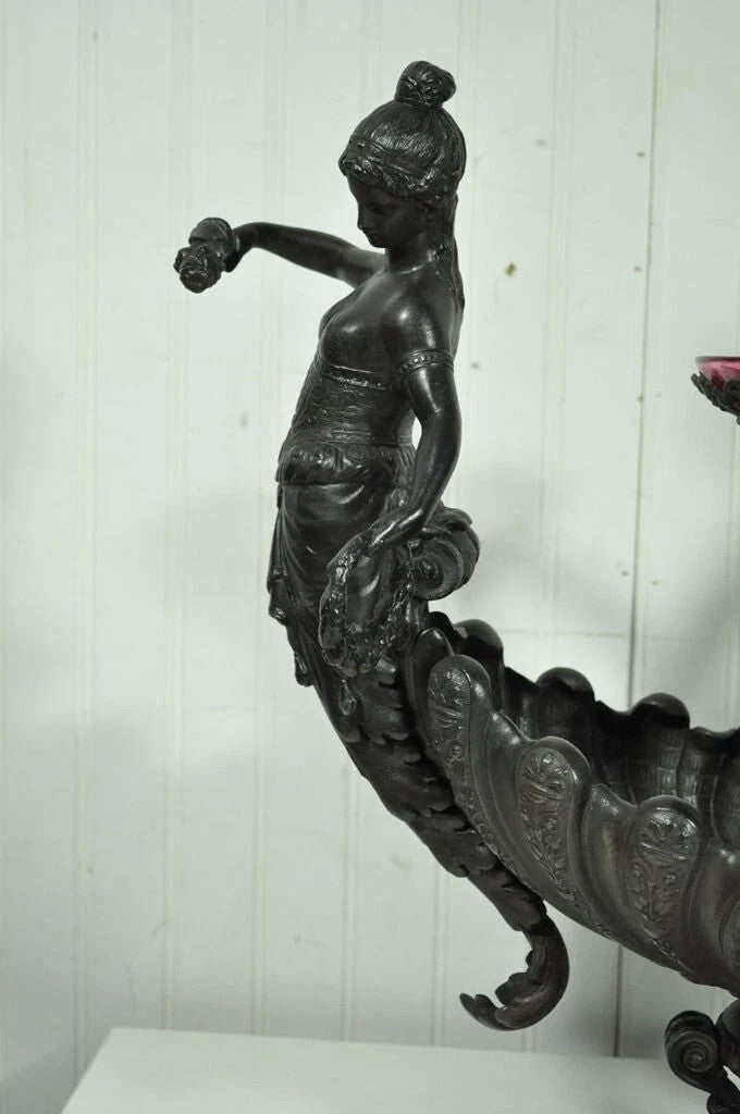 Antique Victorian Spelter & Marble Figural Mermaid Centerpiece Bowl Vase Epergne