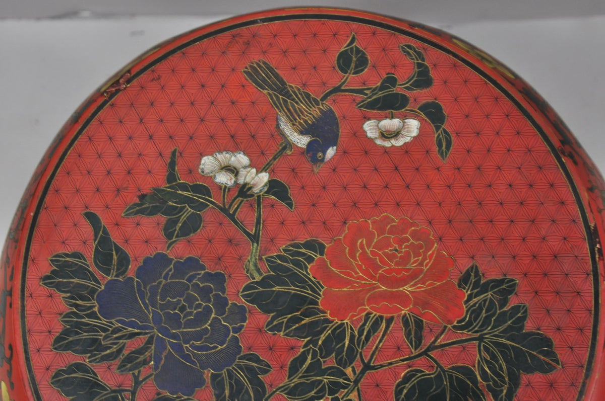 Vintage Chinoiserie Red Lacquer Pedestal Plant Stand Garden Stool Side Table (A)