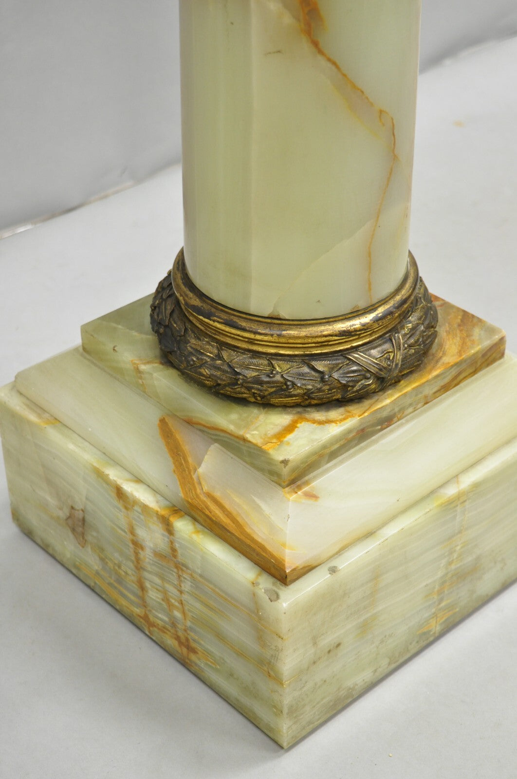 Antique French Empire Bronze Classical Corinthian Column Green Onyx 30" Pedestal