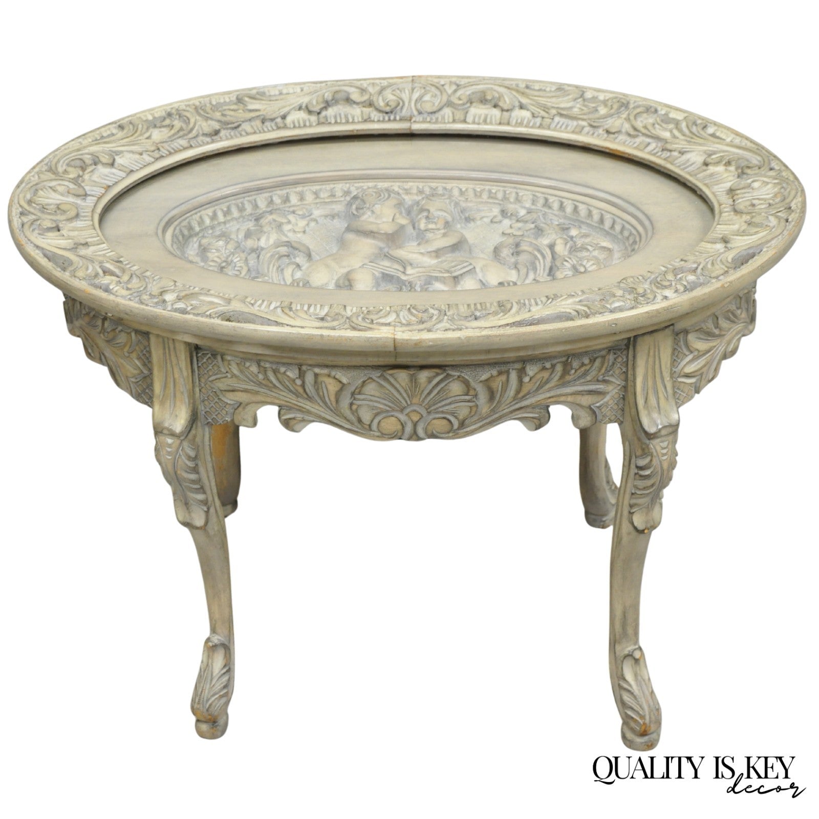 Vintage French Renaissance Walnut Gray Distress Painted Cherub Coffee Table