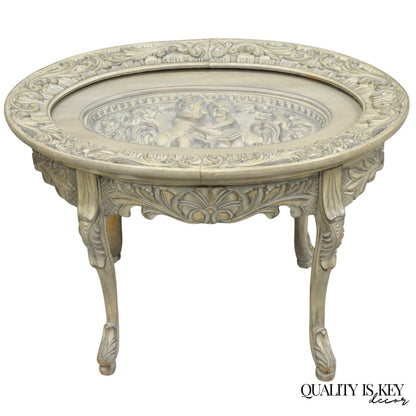 Vintage French Renaissance Walnut Gray Distress Painted Cherub Coffee Table