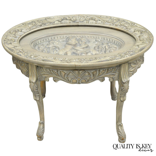 Vintage French Renaissance Walnut Gray Distress Painted Cherub Coffee Table