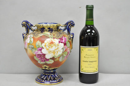 Antique Nippon Hand Painted Floral Design Cobalt Blue Porcelain Bolted Urn Vase