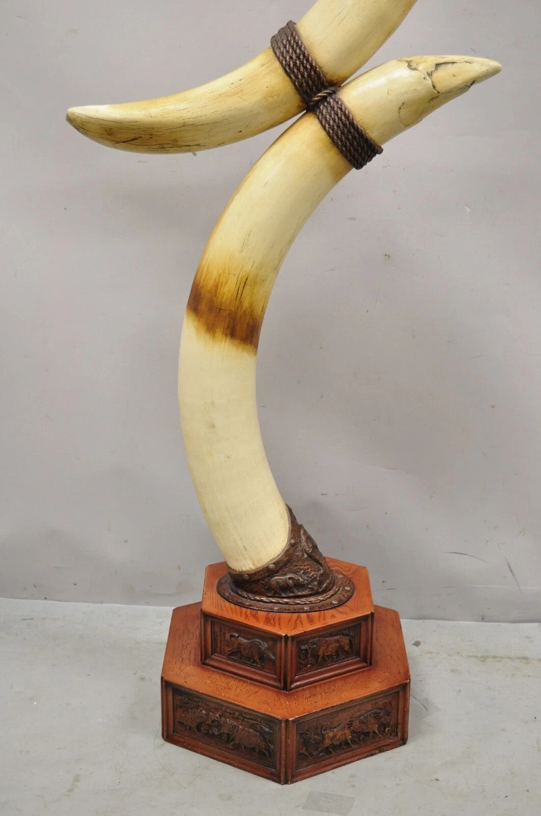 Vintage Chinoiserie African Safari Faux Horn Tusk Fiberglass Floor Lamp