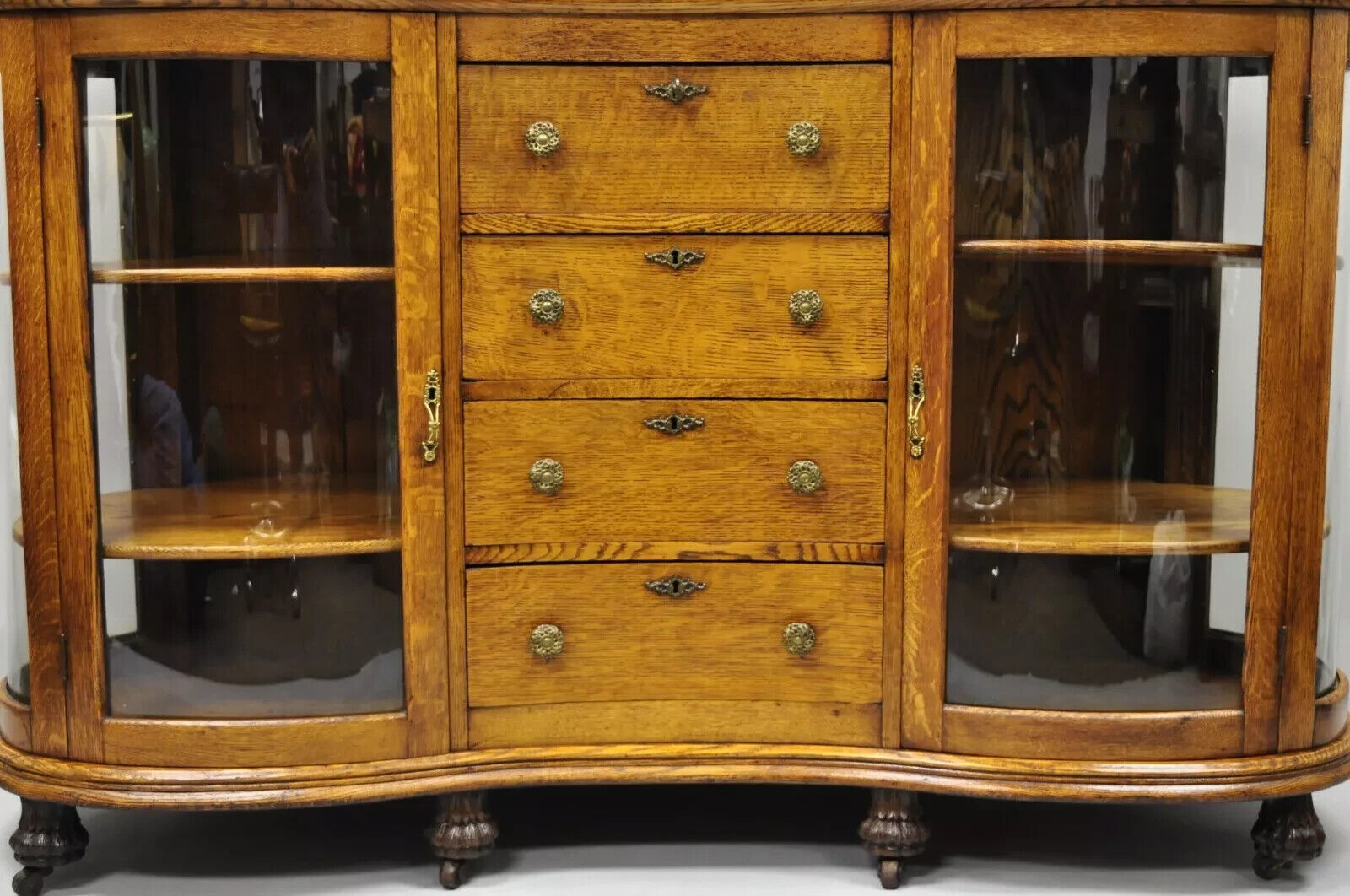 Antique Victorian Tiger Oak Carved Paw Foot Curio Cabinet Base Sideboard Buffet