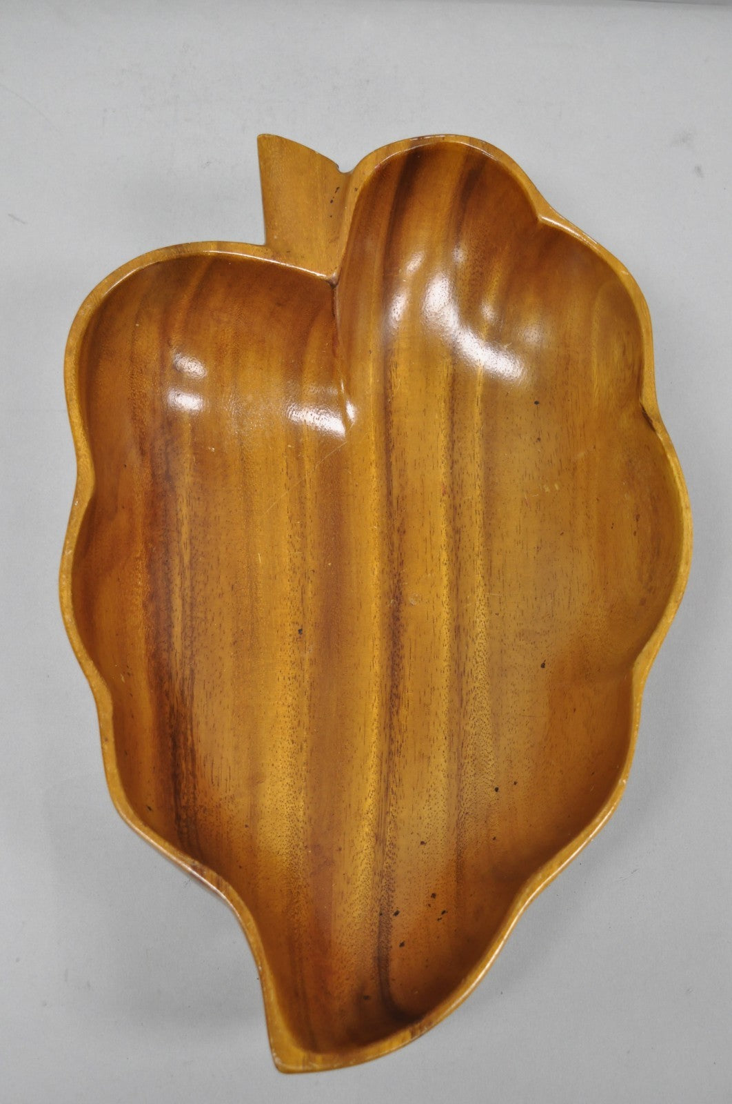 Vintage Mid Century Modern Monkey Pod Carved Koa Wood Banana Leaf 16" Fruit Bowl