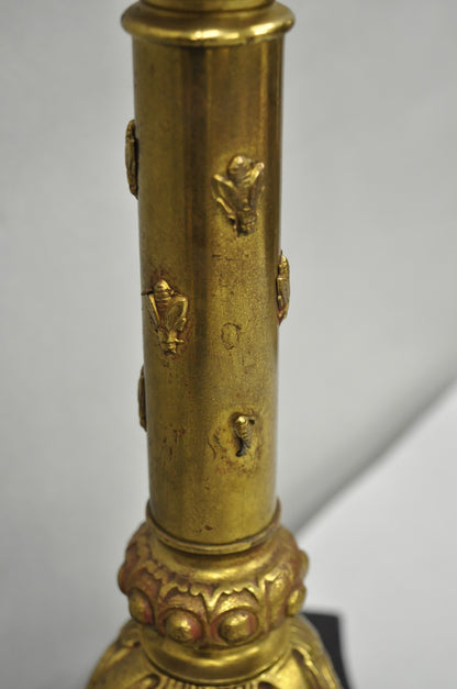 Antique French Renaissance Gothic Figural Brass Candlestick Column Table Lamp
