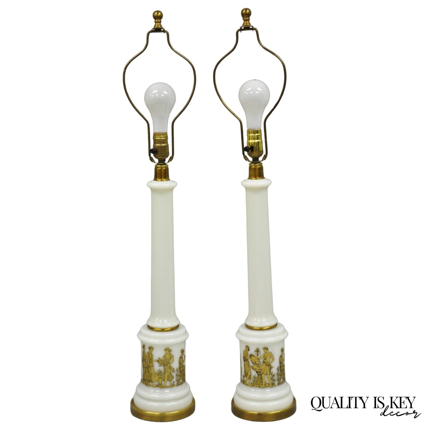 Vintage Italian Neoclassical White Milk Glass Empire Column Table Lamps - a Pair