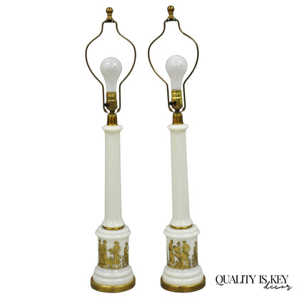 Vintage Italian Neoclassical White Milk Glass Empire Column Table Lamps - a Pair