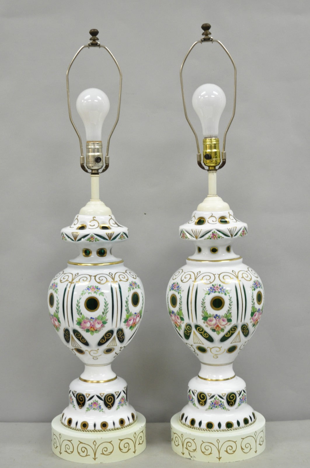 Antique Bohemian Czech Glass Green and White Flower Painted Table Lamps - a Pair