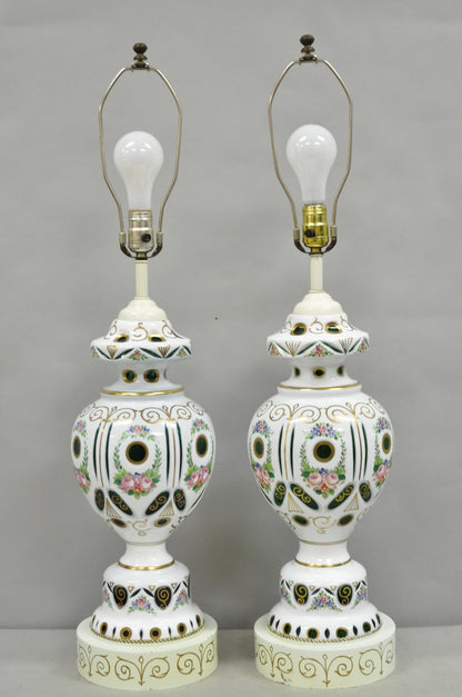 Antique Bohemian Czech Glass Green and White Flower Painted Table Lamps - a Pair