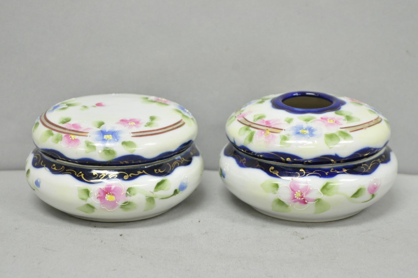 Victorian Japanese Hand Painted Porcelain Cobalt Blue Hair Receiver & Powder Jar