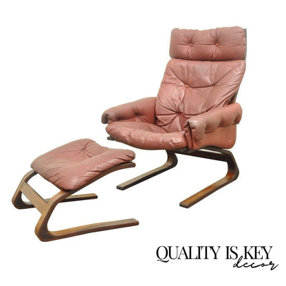 Rybo Rykken Mid Century Modern Rosewood Leather Kengu Lounge Chair and Ottoman