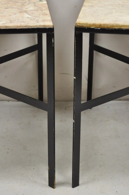 Mid Century Modern Paul McCobb Style Wrought Iron Marble Square Side Table Pair