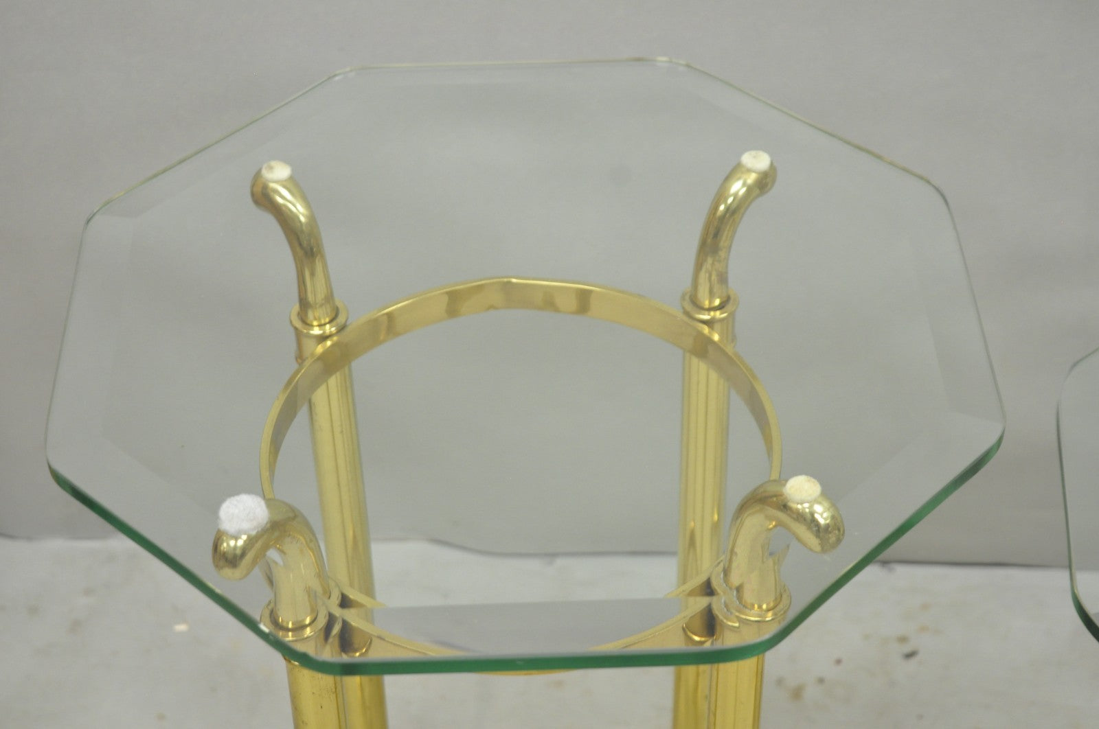 Vintage Hollywood Regency Brass Hoof Foot Glass Top Graduating Side Table - Pair