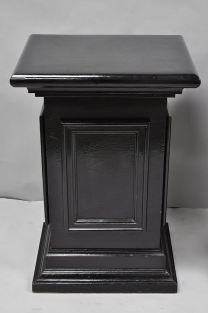 Vintage French Empire Style Black Lacquer Painted Pedestal Column End Table Pair