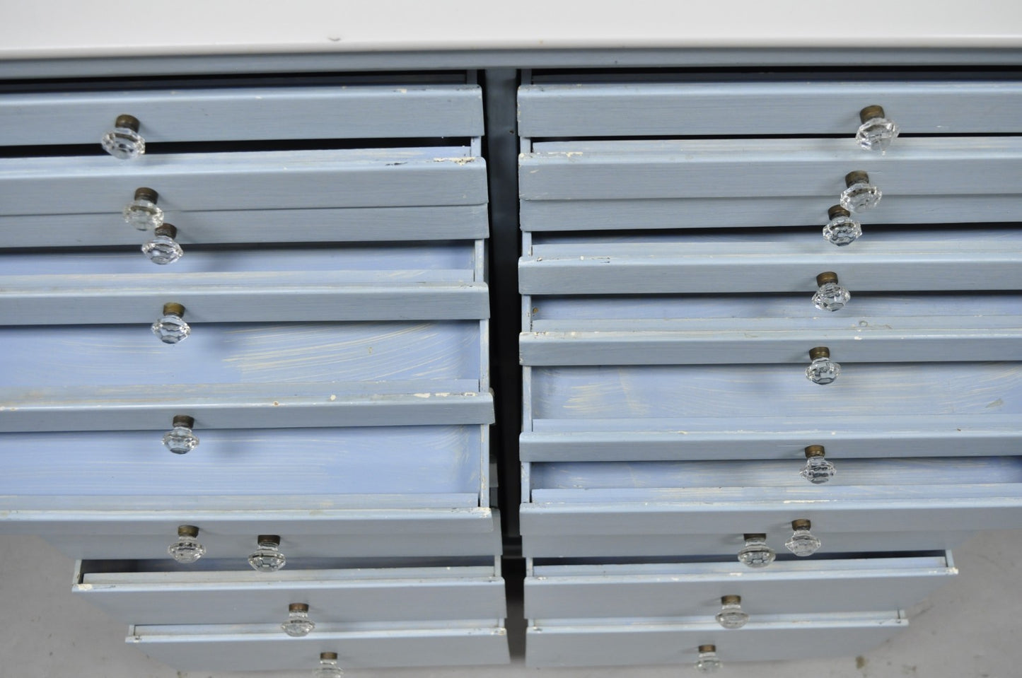 Antique Art Deco Medical Dental Cabinet Blue Painted w/Mirror and 22 Drawers