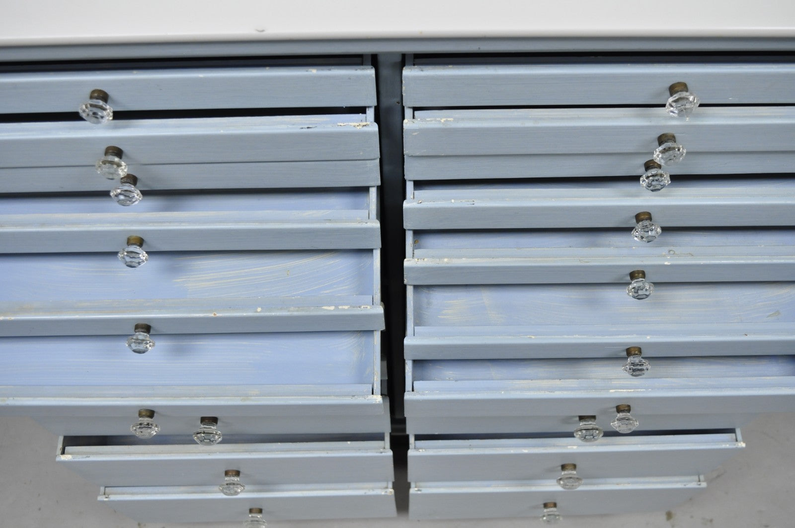 Antique Art Deco Medical Dental Cabinet Blue Painted w/Mirror and 22 Drawers