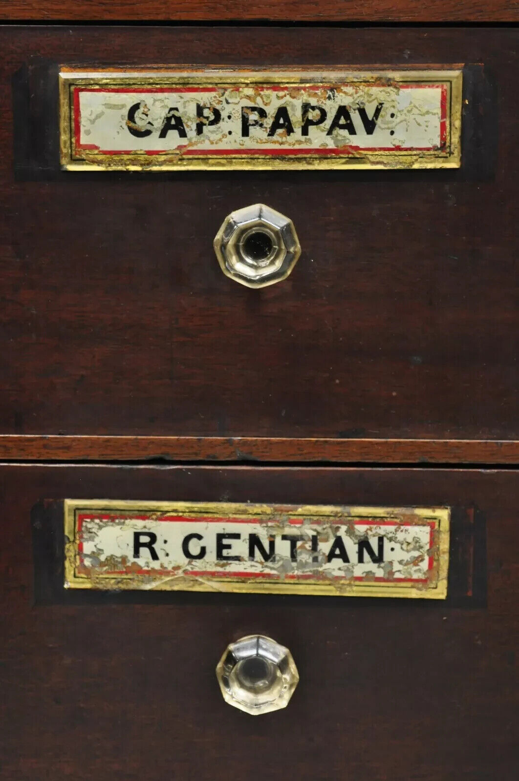 19th C. Victorian Mahogany Apothecary Medicine Cabinet w/ 10 Drawers Glass Pulls