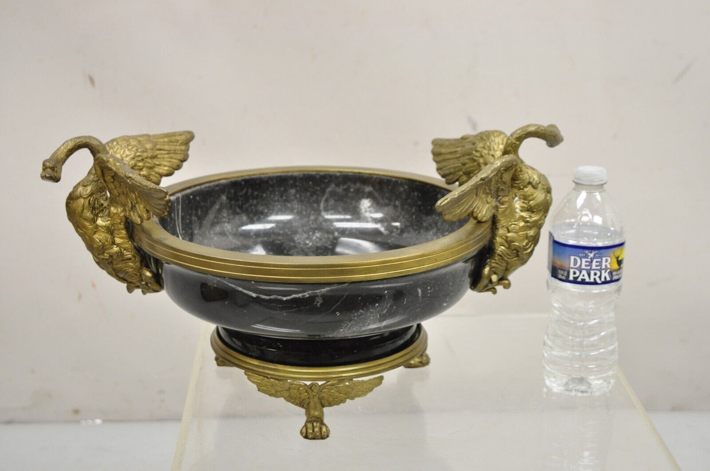 French Regency Style Black Marble and Bronze Figural Swans Centerpiece Bowl