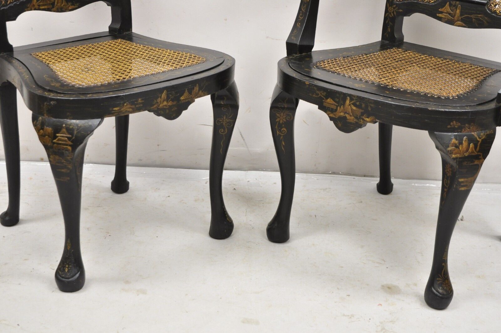 Antique Chinoiserie Queen Anne Hand Painted Floral Cane Dining Chairs - Set of 4