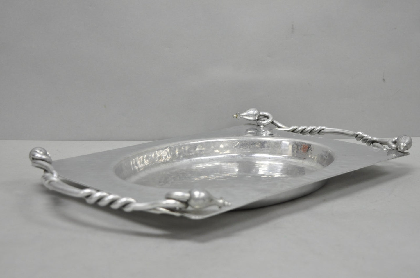 Vintage Buenilum Art Nouveau Hand Hammered Aluminum Serving Tray w Tulip Handles