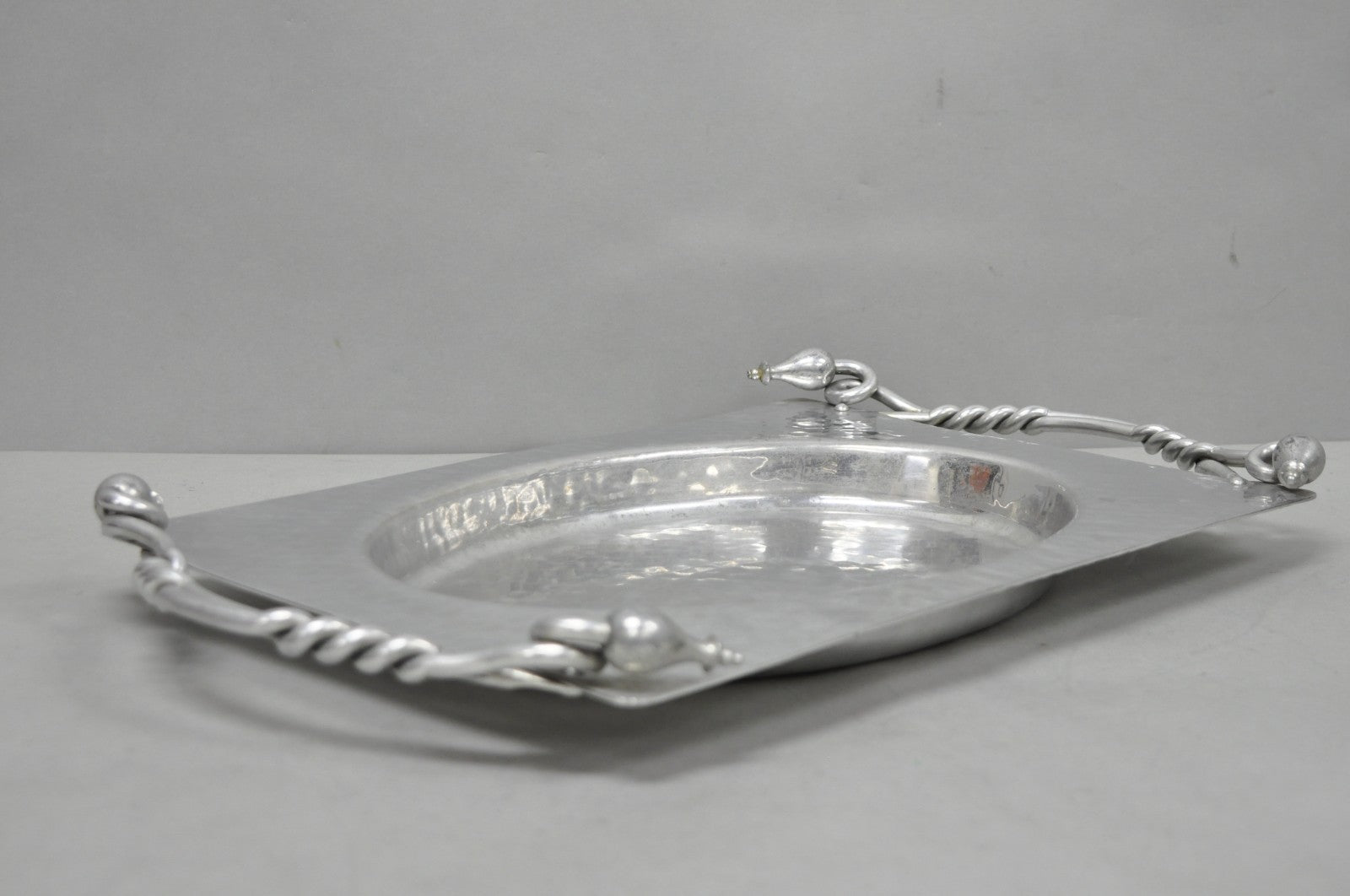 Vintage Buenilum Art Nouveau Hand Hammered Aluminum Serving Tray w Tulip Handles