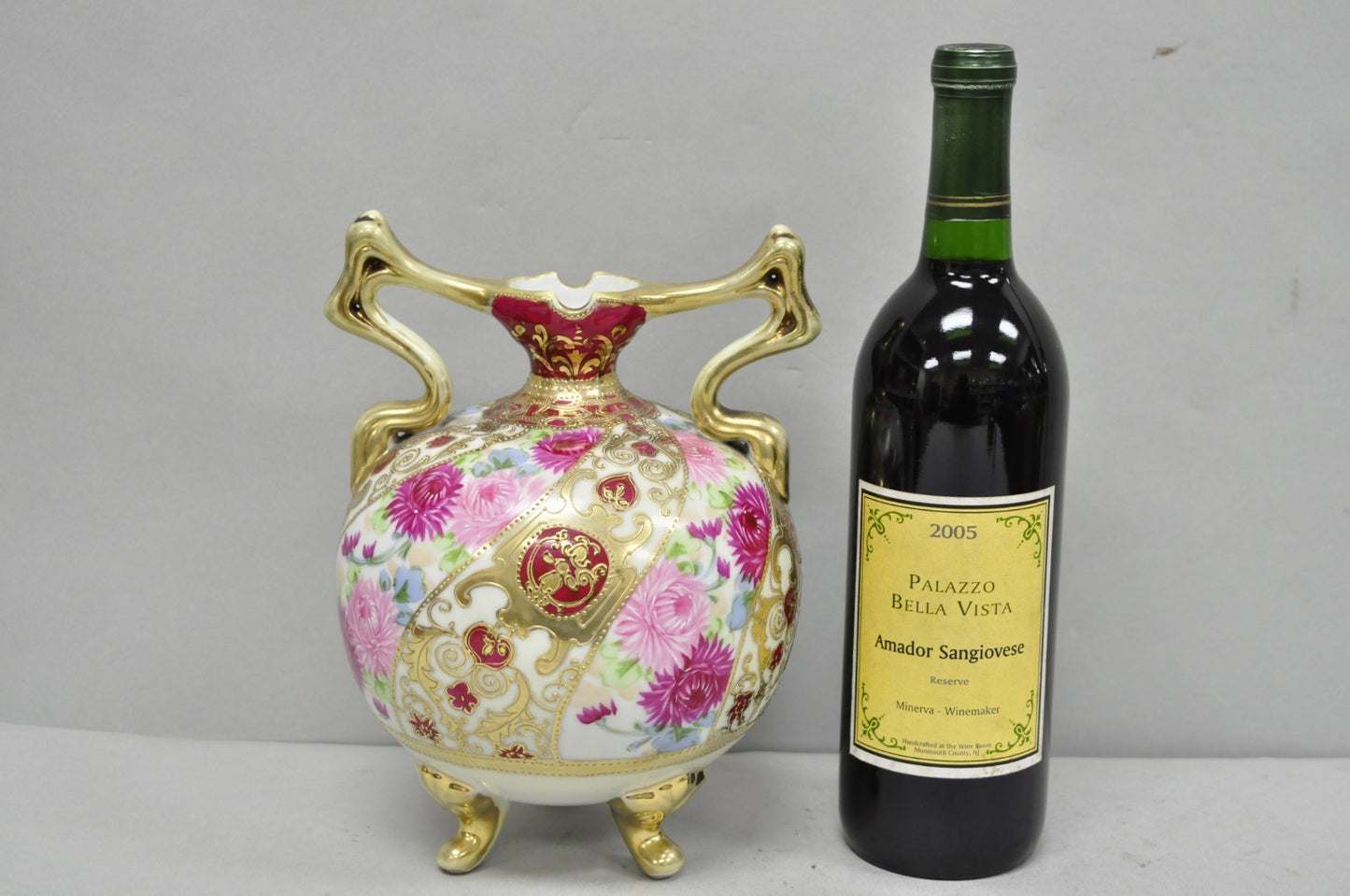 Antique Nippon Moriage Porcelain Twin Handle Ball Vase w/ Hand Painted Roses