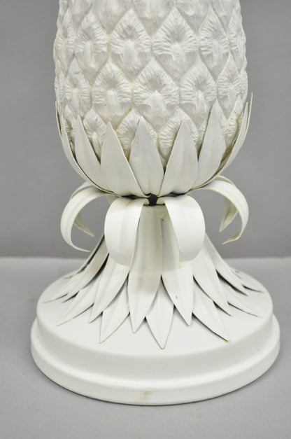 Vintage Italian Hollywood Regency White Tole Metal Figural Pineapple Table Lamp