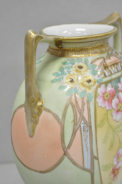 Antique Nippon Art Nouveau Hand Painted Porcelain Pink Flower Twin Handle Vase