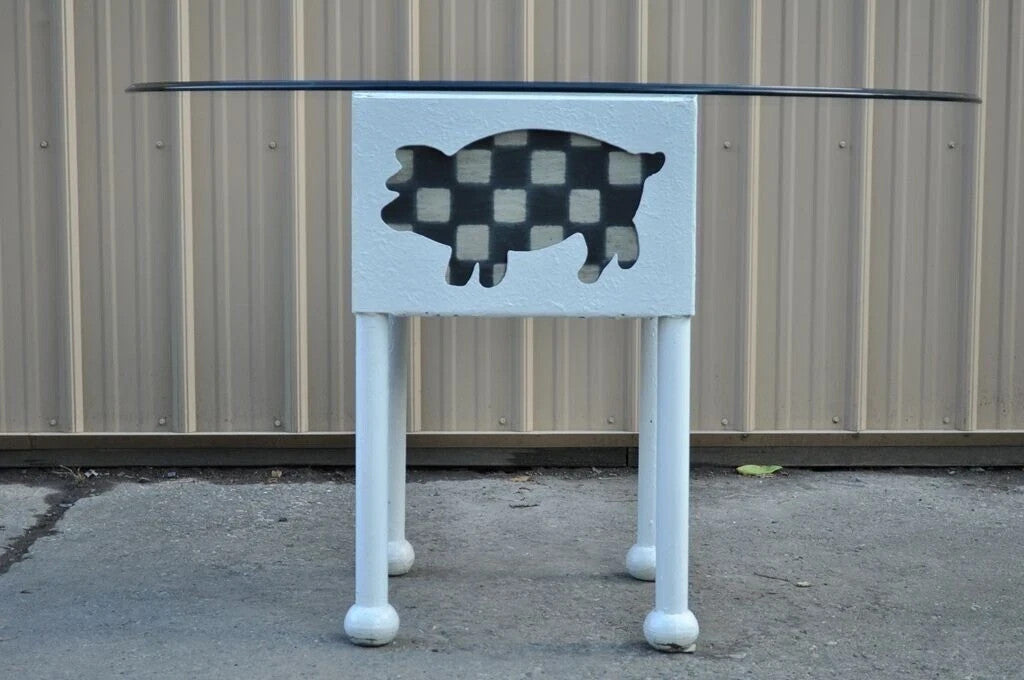 Farmhouse "Butcher" Cow & Pig Painted White & Black Metal & Glass Dining Table