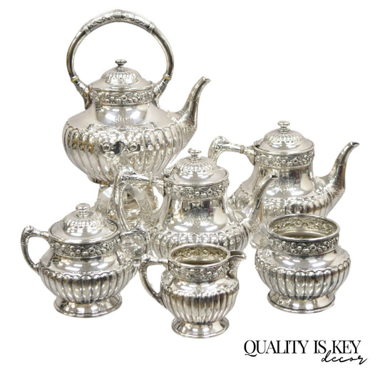 Antique Reed & Barton 3221 Victorian Silver Plated Floral Repousse 6 Pc Tea Set