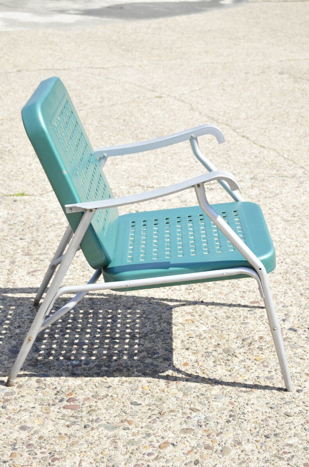Vintage Green Metal Aluminum Basket Weave Patio Porch Outdoor Arm Chair