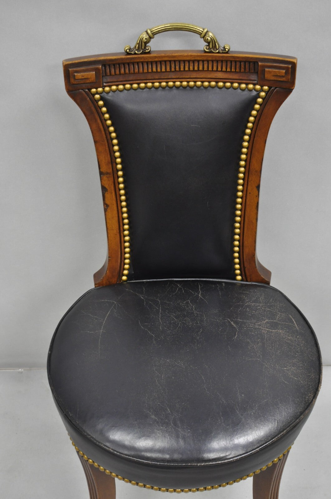 Vintage French Regency Style Carved Mahogany Black Leather Saber Leg Side Chair