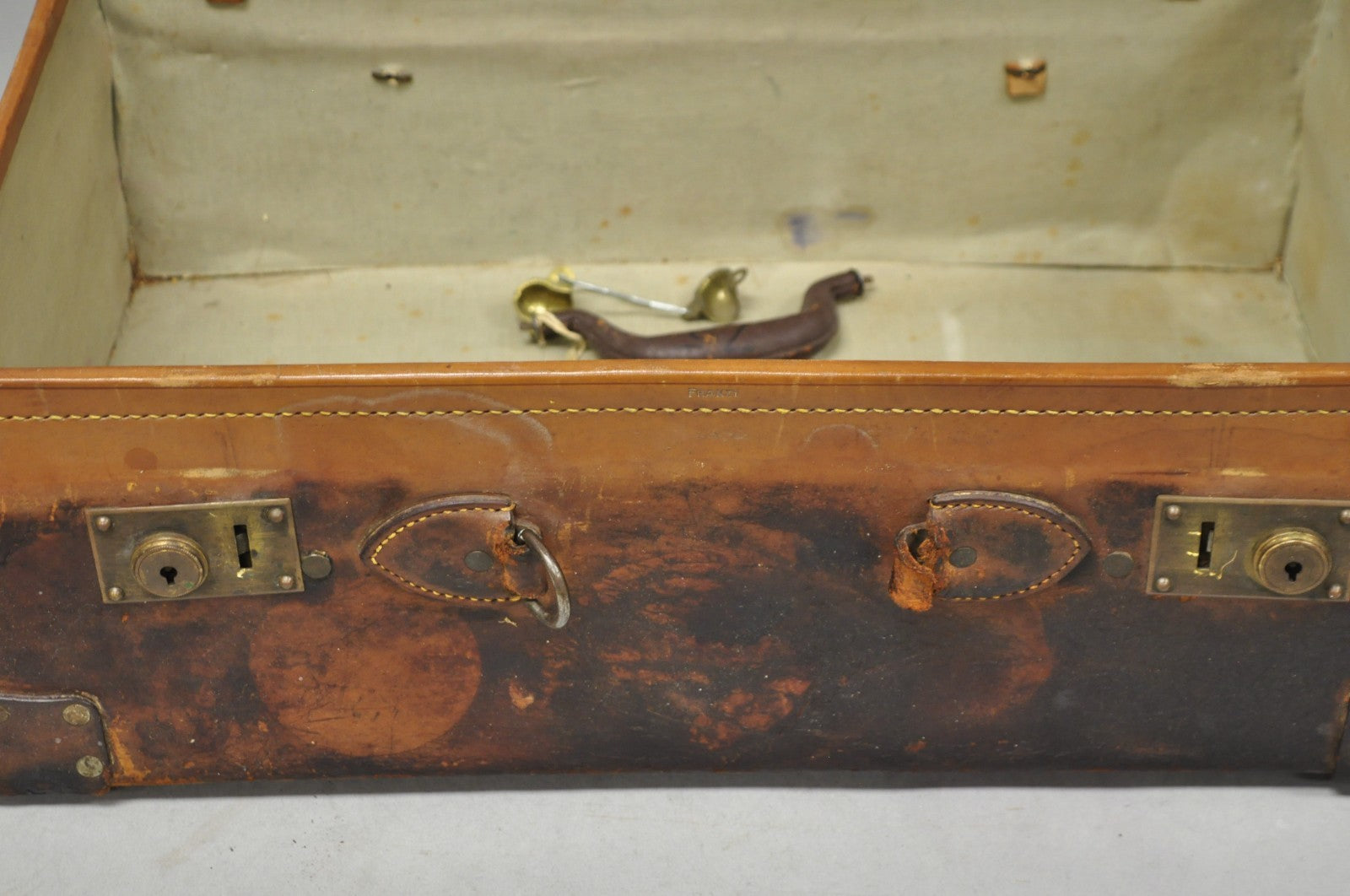 Antique Distressed Brown Leather English Art Deco 24" Suitcase Bag