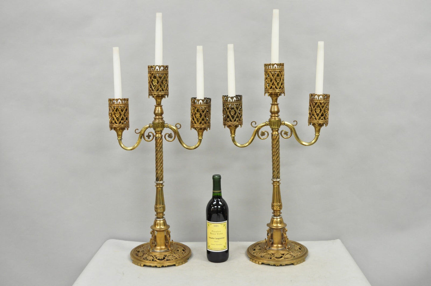 Oscar Bach French Renaissance Gothic Brass 3 Arm Candelabra Table Lamps - a Pair